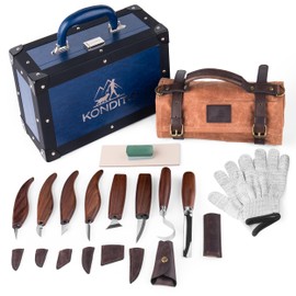 KONDITO Complete Wood Carving Kit – Premium Carving Knives Set with 7Cr17 Steel Blades, Safety Gloves, Honing Strop, Roll Bag & Gift Storage Case – Woodworking Tool Set for Adults & Beginners