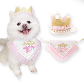 Princess Dog Crown Hat Scarf Set, Dog Birthday Hat Dress Outfit, Wedding Party Supplies for Girl Cats and Small Mini Dogs (GoldPearl)