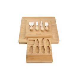 Opulic Bamboo Cheese Board and Knife Set - Square Charcuterie Wooden Serving Board with 4 Cheese Knives in a Pull-Out Drawer, Great to Present Cheese Platter for Picnic or Parties