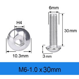 Metuja M6-1.0x30mm Button Head Socket Cap Bolts Screws（50pcs）, Stainless Steel, Full Thread, Silver, Allen Hex Drive