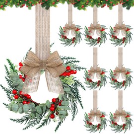 Hotop 8 Set Mini Christmas Wreaths for Cabinet Small Christmas Wreath with Burlap Ribbon for Kitchen Farmhouse Decoration Artificial Hanging Ring Garland for Front Door Porch Fence Wall Window Decor