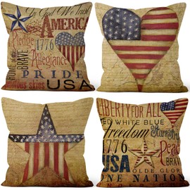 Aoihrraan 20 x 20 Inch Patriotic Cushion Covers Vintage American Flag Retro Usa Farmhouse Style Square Linen Throw Pillow Covers for Living Room Sofa Outdoor Couch, 51x51cm Set of 4 Pillowcases