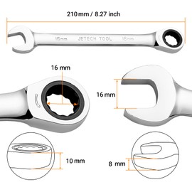 Jetech 16mm Ratcheting Combination Wrench, Industrial Grade Gear Spanner with 12-Point 72-Tooth Ratchet, Forged and Heat-Treated Cr-V Steel, Metric