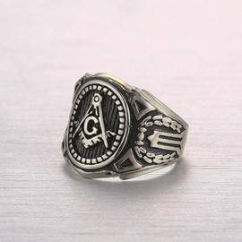 Silver Color Freemason Ring - Stainless Steel with Classic Center Design, pin Stripes, Etched Tool Symbols (Masonic Rings) (Size 09)