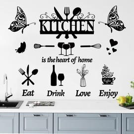 Large Kitchen Wall Decals Dining Room Quotes Wall Stickers The Kitchen is The Heart of Home Sign Decor Word Saying Lettering Wall Decals Butterfly Coffee Cup Sticker for Family Home Restaurant Decor