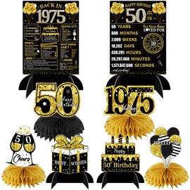 Kuxriox 8Pcs Happy 50th Birthday Decorations for Men Women, Black Gold Vintage 1975 Honeycomb Centerpieces Tables Toppers Decor, 50 Year Old Birthday Party Supplies Table Sign