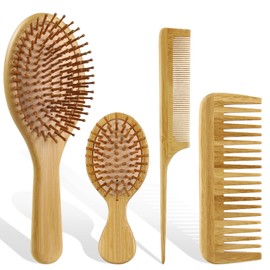 4 Pcs Bamboo Hair Brush Comb Set with Paddle Detangling Brushes Natural Hairbrush Gentle No Bristle, suit for Thick/Thin/Curly/Dry Hair Gift kit
