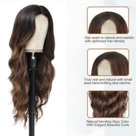 PORSMEER Long Wavy Brown Wig, 66 cm Centre Parting Curly Wig, Natural Heat Resistant Synthetic Wig for Women, Daily Party (Ombre Brown)