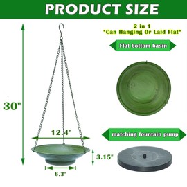 30" H*12.4" W Solar Fountain Hanging Bird Bath, Metal Bird Bath Bubbler, Outdoor Bird Bath Bowl, for Outdoors Garden Patio Decor.