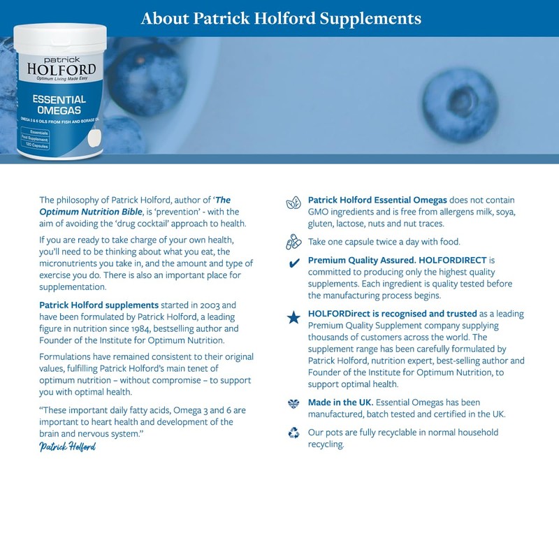 Patrick Holford Essential Omegas (120 Capsules) - high Potency EPA/DHA/GLA