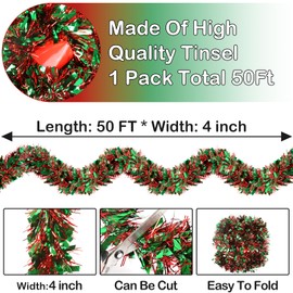 50FT Christmas Tinsel Garland - Metallic Twist Garland for Christmas Tree Decorations, Xmas Tree Decor for Home Indoor Outdoor Holiday Party Supplies (Green and Red)