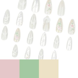 Press on Almond Nails Spring Glossy Full Cover Medium Almond False Nails with Floral Designs Artificial Almond Shaped Fake Nails with Charms Glue Stick ons Fingernails for Women Girls(JP3337)