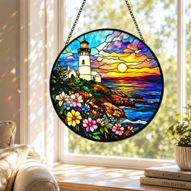 Stained Glass Window Hanging, 9.8" Seaside Lighthouse Sun Catchers for Indoor Window, Garden Suncatcher for Home Decoration, Unique Gift for Women Mom Birthday Christmas
