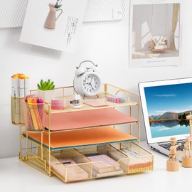 Lavatino Paper Letter Tray Organizer with File Holder, 4-Tier Desk Accessories & Workspace Desk Organizers with Drawer and 2 Pen Holder for Office Supplies (Gold)