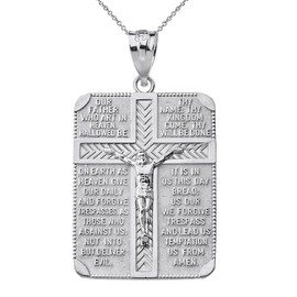 Sideways Crosses Sterling Silver Religious Lord's Prayer and Crucifix Cross Rectangular Tag Necklace, 16"