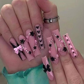 MERVF Press on Nails Long Square, 3D Bow Flower Charms Fake Nails, Lace Wedding Glue ons Acrylic Nail Cute Sexy Design Glossy 24pcs