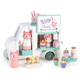 Tender Leaf Toys - Kitty’s Milkshake Van - Wood Pretend Play Food Truck on Wheels with Cats, Milkshakes, Ice Cream, Doughnuts and Accessories - Encourages Imaginative Play and Storytelling - Age 3+