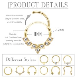 UBGICIG 9PCS Septum Jewelry 16G Septum Rings Daith Earrings Hoop Nose Rings Horseshoe Stainless Steel Septum Rings For Women Helix Tragus Lip Cartilage Earrings Silver Gold Black Rose Gold 8MM 10MM