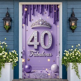 40 and Fabulous Decoration Women Purple 40th Birthday Door Cover Banner Decor Forty Party Backdrop Welcome Porch Sign Queen Tiara Crown Glitter Diamond Background Photo Prop for Milestone Birthday