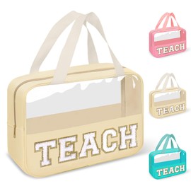 izuzta Teacher Appreciation Gifts TEACH Chenille Letter Clear Makeup Bag Pouch, Monogram Teacher Supplies Zipper with Handle Travel Cosmetic Bag Graduation Retirement Gifts for Women(TEACH-Beige)