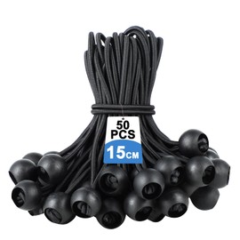 Pack of 50 Bungees with Ball - Tarpaulin Tensioners, Rubber Tensioners, Tent Tensioners, Rubber Rope - Black Rubber Cord Expander Loops with Plastic Ball for Tarpaulins, Tents and Tarps
