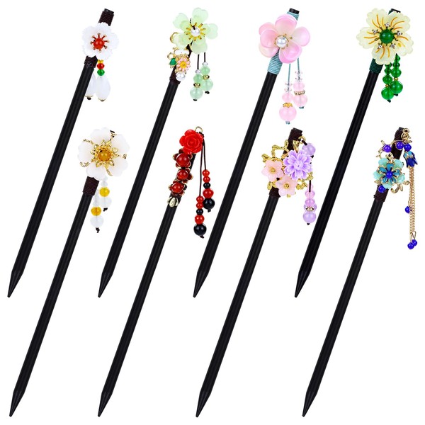 inSowni Pack of 8 Retro Asian Japanese Chinese Hanfu Flower Wooden Hair Sticks with Pendants Hairpins Forks Chopsticks Headwear for Women Girls Teens Bun Updo