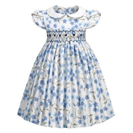 Girls Smocked Blue Dress Toddler Floral Girls Summer Dress Vintage Dresses 5T Girls Summer Clothes
