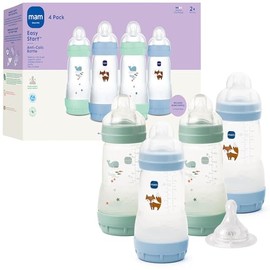 MAM - Biberones anticólicos de fácil inicio de 9 onzas, flujo medio con pezón de flujo rápido, silicona similar a la lactancia, reduce los cólicos y e