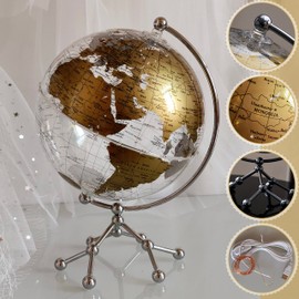 8'' World Globe, Clear Metal Globe with Built-in Gypsophila LED Strip for Home Decor, Office Desktop, Study Education and Night Light (Gold)