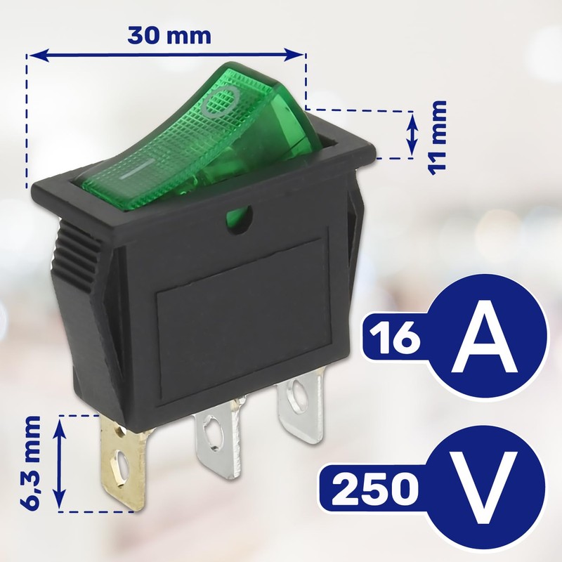 Switch Single Pole Green Luminous 250V 15A 3 Buttons 6.3