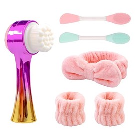 Facial Cleansing Brush, 2-in-1 Skin Care face Brush, Skincare Headband and Wristband Set, 2 Pcs Face Mask Brush，6PCS (Gold+Pink)