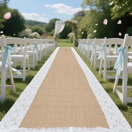 Hlimior Natural Burlap Wedding Runner Aisle for Wedding Ceremony Burlap Aisle Runner with Lace Jute Rustic Decorations Outdoor Beach Garden Church，3FTx20FT