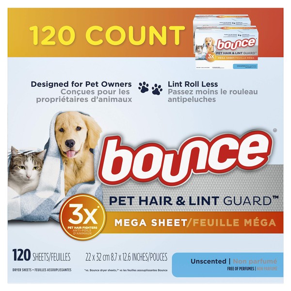 Bouce Bounce Pet Hair and Lint Guard Mega Dryer Sheets for Laundry, Fabric Softener with 3X Pet Hair Fighters, Unscented, Hypoallergenic, 120 Count
