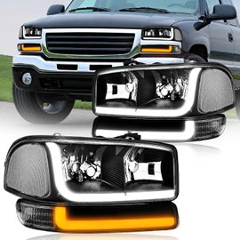 Fullux LED DRL Headlights Assembly Compatible with 1999-2007 GMC Sierra/2000-2006 Yukon XL 1500 2500 Replacements Clear Reflector Black Housing