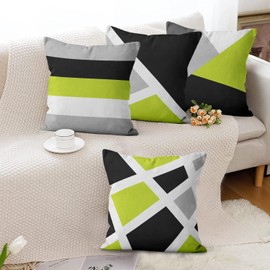 Hnmdmyi Green Cushion Covers 45 x 45 cm Set of 4, Grey and Black Modern Abstract Stripe Simple Geometric Decorative Throw Pillow Covers Linen Pillowcases for Sofa Couch Bed Garden Outdoor Home Decor