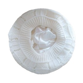 Hysunland Satin Lined Knit Beret Hat for Natural Hair Fall Winter White Knit Beanie Hat for Women