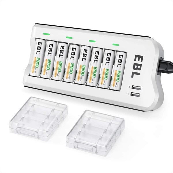 EBL 2800mAh Ni-MH AA Rechargeable Batteries (8 Pack) and 808U Rechargeable AA AAA Battery Charger with 2 USB Charging Ports