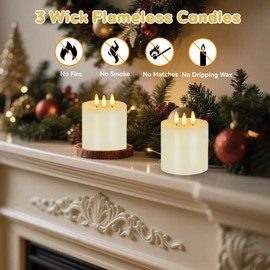 Large 3 Wick Flameless Candles, 4"x4" Flickering Flameless Candles with Remote & Timer, Dimmable Real Wax LED Candles Battery Operated, Electric Pillar Candles for Home Wedding Christmas Decor (Lvory)