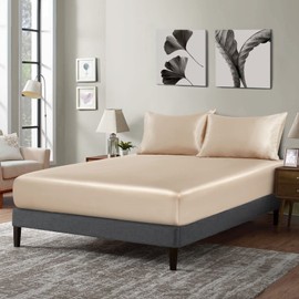 P Pothuiny Satin Fitted Sheet Full Size, 1 Single Fitted Sheet Only, Extra Soft Deep Pocket Bottom Bed Sheets Mattress Cover Fits 12" to 16", Wrinkle Free, Fully Elasticized (Taupe)