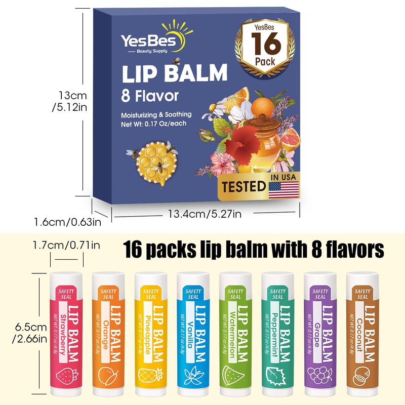 YesBes 16 Pack Lip Balm, Natural Lip Balm Bulk with