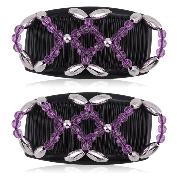 Kytpyi Women's Hair Comb, Hair Clips, Pack of 2 Fashionable Stretchy Hair Clips for Thick Fine Hair, Durable Double Hair Comb Beads for Women Girls Hair Accessories DIY Hairstyle (Purple)