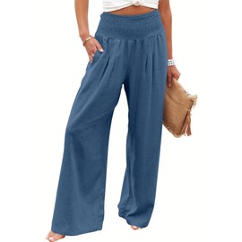 ANRABESS Women Linen Palazzo Pants Summer Boho Wide Leg High Waist Casual Lounge Pant 2025 Beach Travel Vacation Outfits Deep Blue Meduim