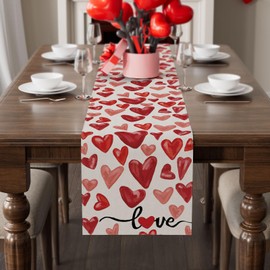 BOTB LIHM Valentine’s Day Watercolor Red Love Hearts Cloth Table Runner Burlap Table Decoration for Home Kitchen Dining Dinner Indoor Holiday Farmhouse Decor 13x36 Inch