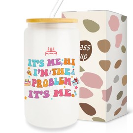 Pfkfo It's Me Hi I'm The Problem It's Me Can Glass Cup, Music Lover Gifts, Gifts for Singer Fans, 16oz Iced Coffee Glass Cups with Lid and Straw