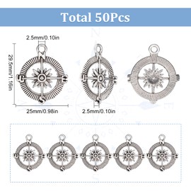 SUNNYCLUE 1 Box 50Pcs Compass Charms Nautical Charms Compass Charm Bulk Tibetan Style Alloy Dummer Hawaii Charm Anchor Sea Charm for Jewelry Making Charms DIY Women Earrings Bracelet Necklace Crafts