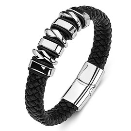 Panifio Men's Black Leather Bracelet Wristband with Stainless Steel Cuff Bangle Bracelets, Leather, no gemstone