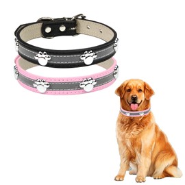 2 PCS Reflective Dog Collar with Cute Paw Rivet, Leather Dog Collar for Small Medium Large Dogs Cats, Adjustable Puppy Dog Collars, Cute Dog Collars for Dogs(Pink,Black)