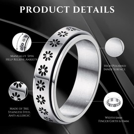 LIAN Spinner Rings for Women Men Fidget Rings Moon Star Flower Stainless Steel Ring Couple Rings Wedding Promise Rings Valentine's Day Gift(6-11)