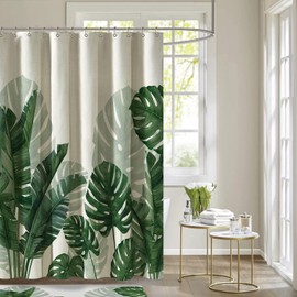 Baccessor Linen Shower Curtain Tropical Green Leaf Shower Curtains Botanical Banana Monstera Leaf Palm Tree Water Repellent Heavy Duty Fabric Cloth Shower Curtain for Bathtubs Hotel, 72x72 Inch