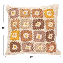 Creative Co-Op Square Cotton Crocheted Pillow with Block Pattern, Multicolor, Multi